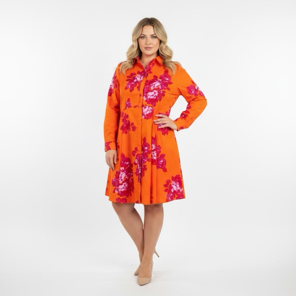 SCOOP NWT Orange Tiger Floral Shirt Dress Pleats Long Sleeve Women Large 12/14